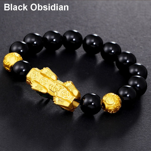 Feng Shui Obsidian Stone Beads Bracelet Men Women Unisex Wristband Gold Black Pixiu Wealth and Good Luck  Women Bracelet