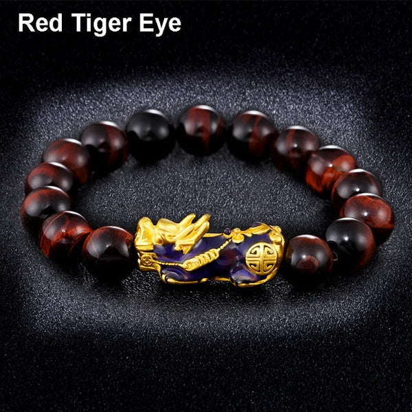 Feng Shui Obsidian Stone Beads Bracelet Men Women Unisex Wristband Gold Black Pixiu Wealth and Good Luck  Women Bracelet