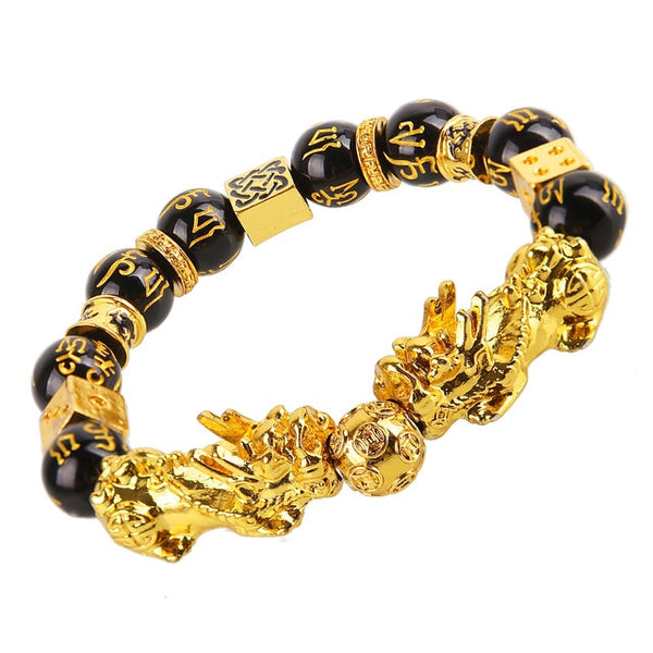 Feng Shui Obsidian Stone Beads Bracelet Men Women Unisex Wristband Gold Black Pixiu Wealth and Good Luck  Women Bracelet