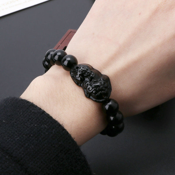 Feng Shui Obsidian Stone Beads Bracelet Men Women Unisex Wristband Gold Black Pixiu Wealth and Good Luck  Women Bracelet