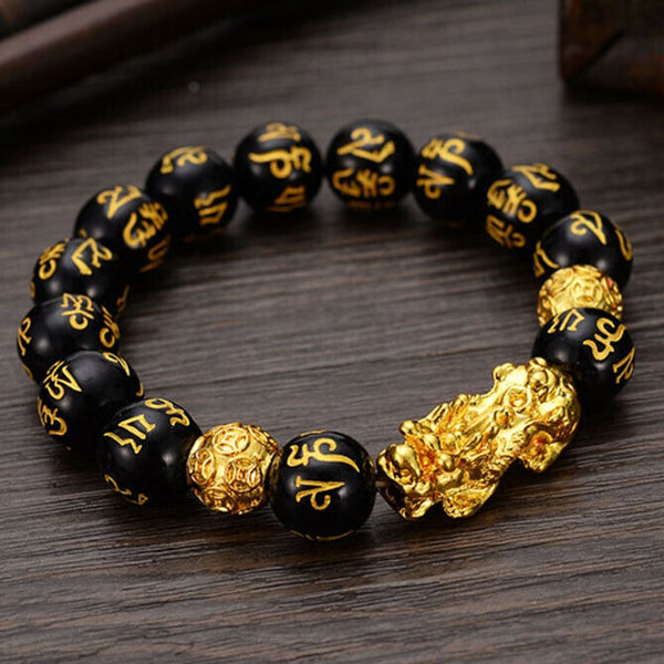 Feng Shui Obsidian Stone Beads Bracelet Men Women Unisex Wristband Gold Black Pixiu Wealth and Good Luck  Women Bracelet