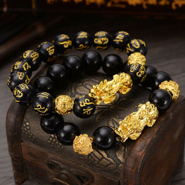 Feng Shui Obsidian Stone Beads Bracelet Men Women Unisex Wristband Gold Black Pixiu Wealth and Good Luck  Women Bracelet