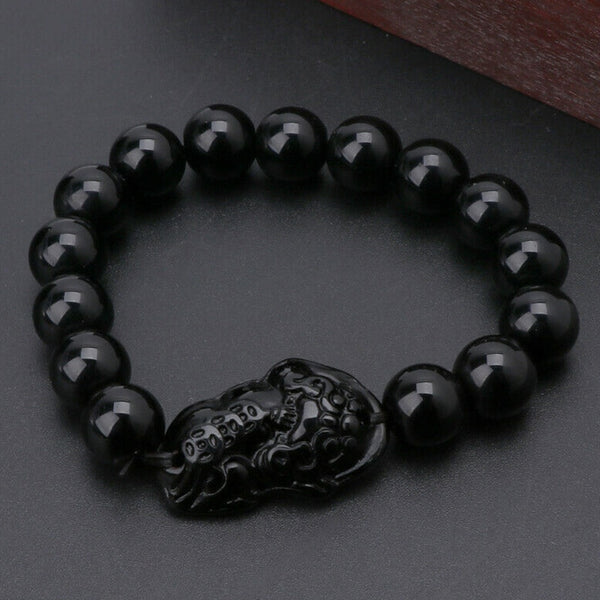 Feng Shui Obsidian Stone Beads Bracelet Men Women Unisex Wristband Gold Black Pixiu Wealth and Good Luck  Women Bracelet